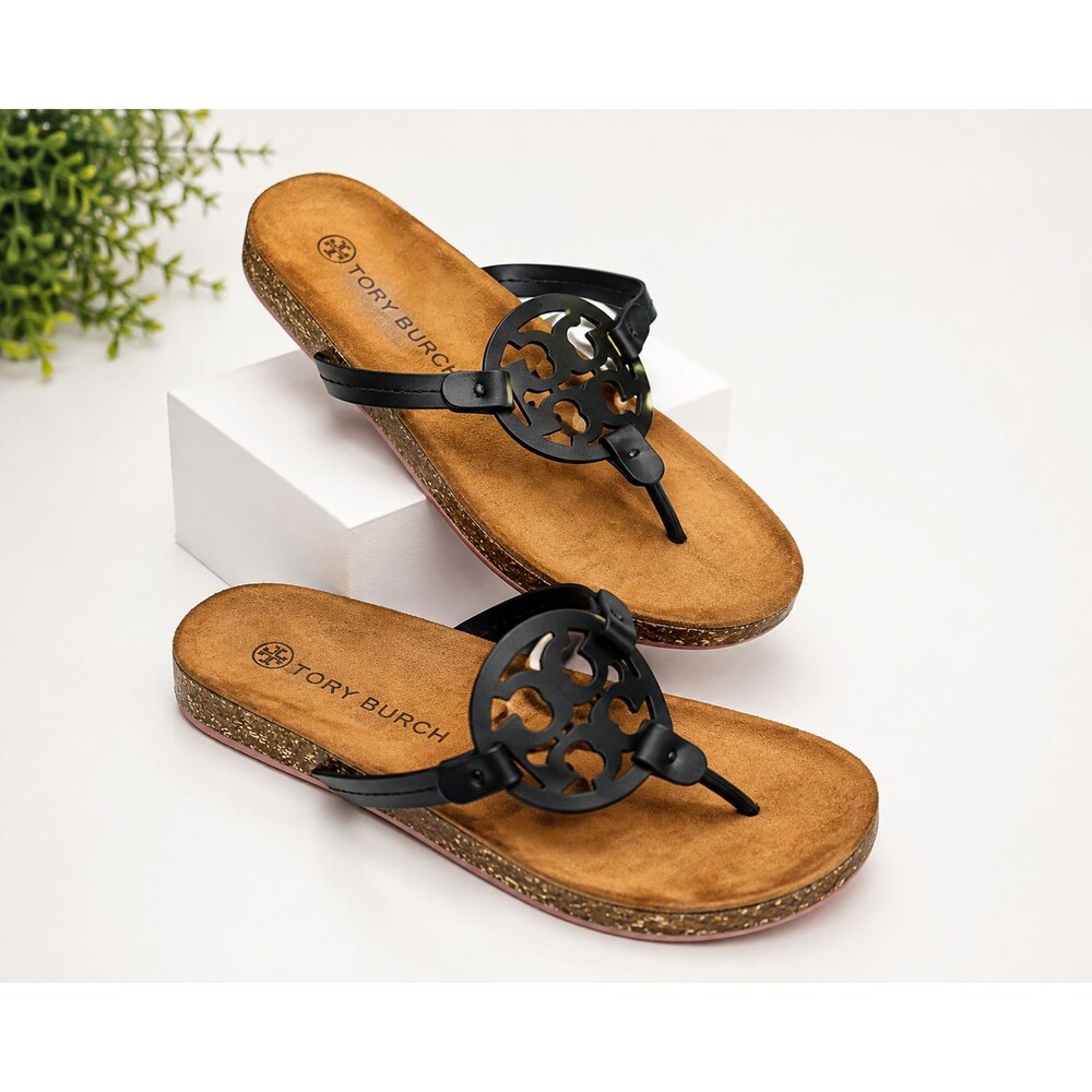 Tory Burch Miller Logo Cork Footbed Thong Sandals Black Womenโs